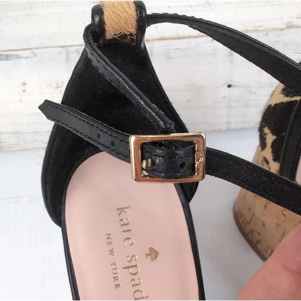 Kate Spade Women's Lonnie Leopard Calf Hair Cork Wedge Sandals Size 9 M